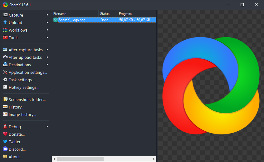 ShareX main window showing the list of recent captures and tasks